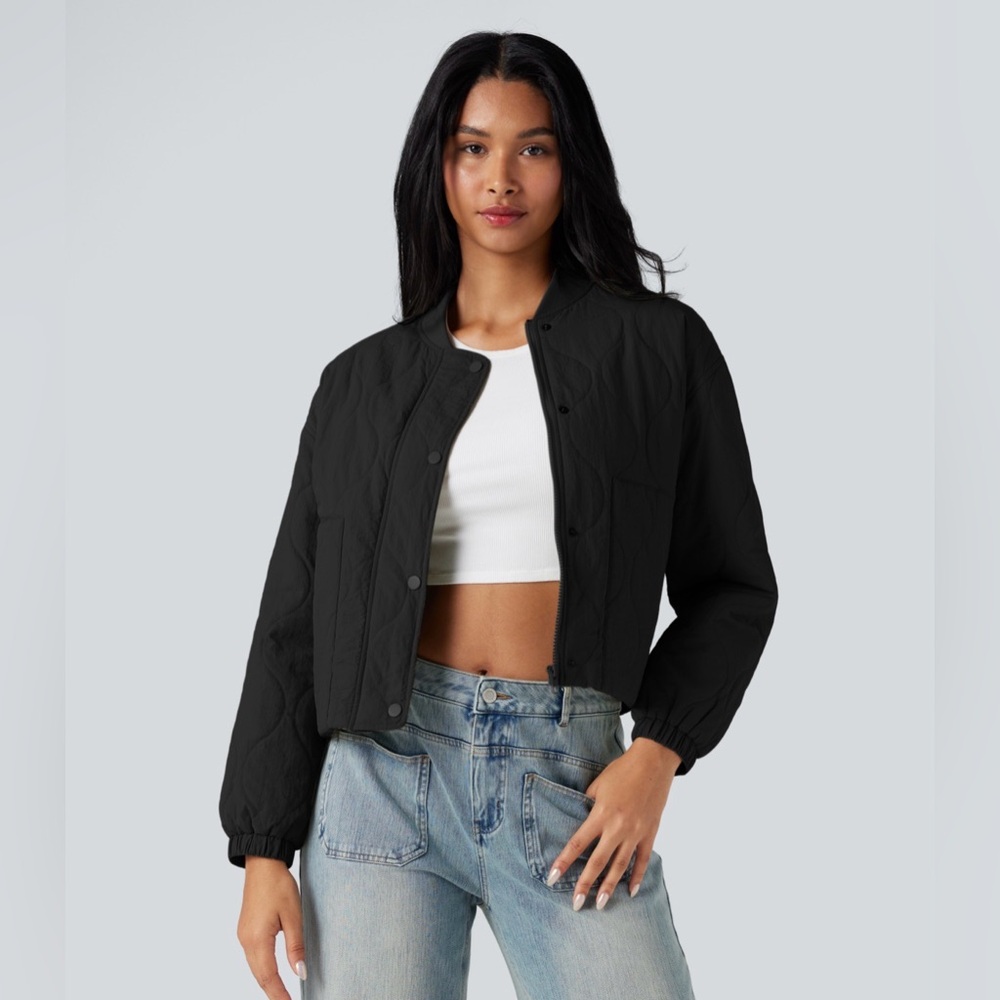 🖤Stand Collar Long Sleeve Casual Bomber Quilted Jacket with Pockets NWT Large - Picture 1 of 14